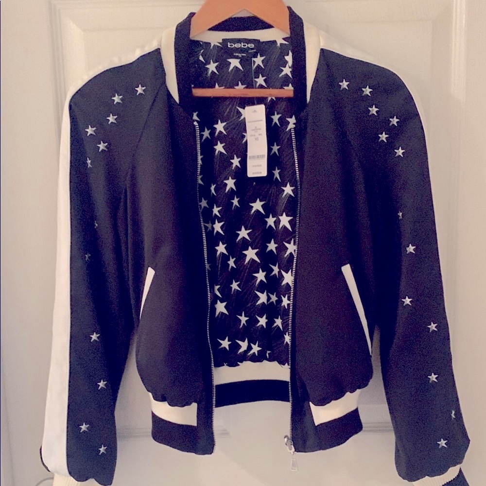 BEBE Black and White / REVERSIBLE Bomber Jacket with Star Embellishments 🤍